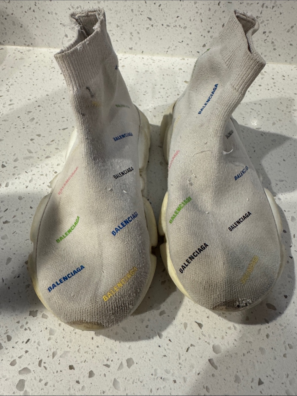 Well loved Balenciaga Cream Sock Sneakers with Multicolor Logos